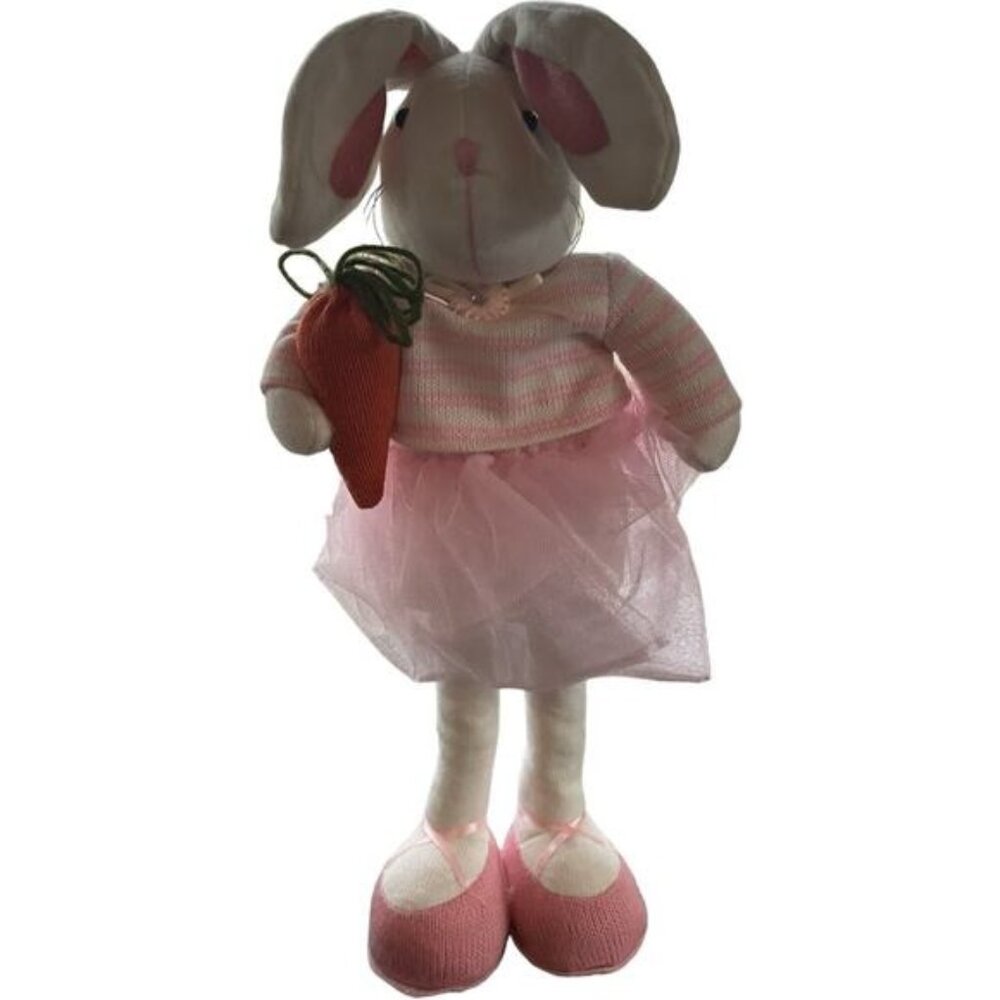 16" Plush Easter Bunny Decor Pink Tulle Skirt & Striped Sweater Holding Carrot